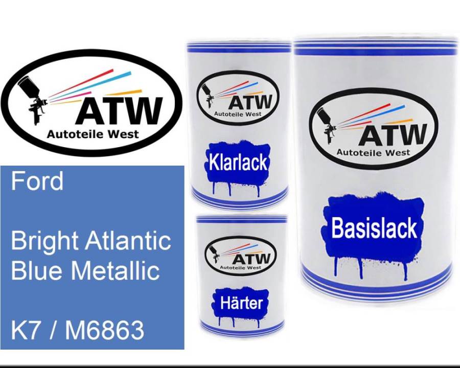 Ford, Bright Atlantic Blue Metallic, K7 / M6863: 500ml Lackdose + 500ml Klarlack + 250ml Härter - Set, von ATW Autoteile West.